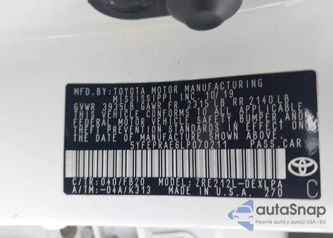 2020 Toyota Corolla Le from USA, damaged, VIN 5YFEPRAE6LP070211